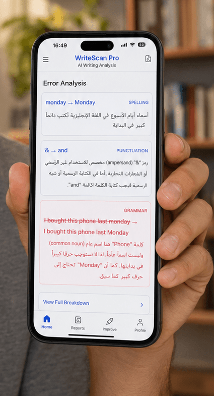 WriteScan Pro app screen showing Error Analysis with spelling, punctuation, and grammar corrections explained in English and Arabic