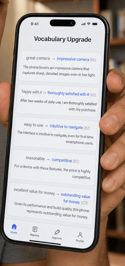 WriteScan Pro app screen showing a Vocabulary Upgrade suggestion, replacing a student's word choice with a stronger one and an example sentence